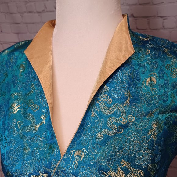 Dragon Brocade Turquoise & Gold Vietnamese Blouse Medium - Picture 10 of 10